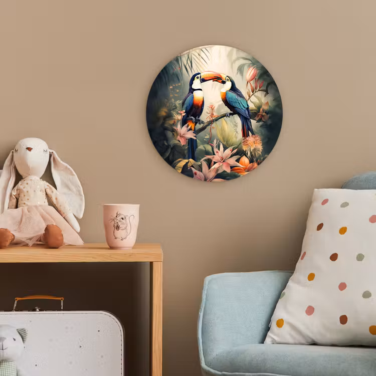 Toekan - Vogels - Bloemen - Natuur - Jungle Wandcirkel kunststof plaat 5mm dik klein -tsfeer1_kind