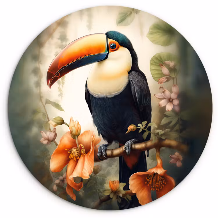 Toekan - Vogel - Bloemen - Planten Wandcirkel kunststof plaat 5mm dik klein -3d
