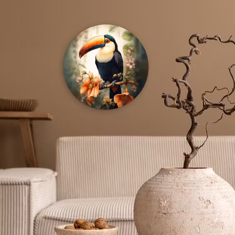 Toekan - Vogel - Bloemen - Planten Wandcirkel kunststof plaat 5mm dik klein -sfeer1