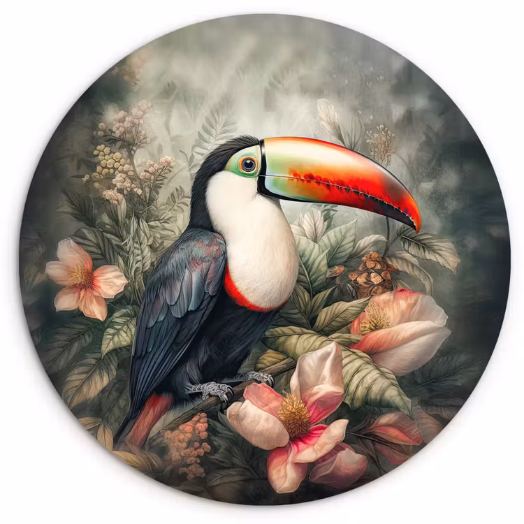 Toekan - Vogels - Bloemen - Planten - Tropisch Wandcirkel kunststof plaat 5mm dik klein -3d