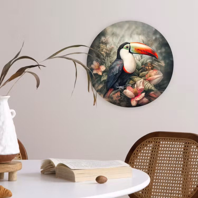 Toekan - Vogels - Bloemen - Planten - Tropisch Wandcirkel kunststof plaat 5mm dik klein -sfeer4