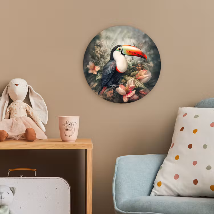 Toekan - Vogels - Bloemen - Planten - Tropisch Wandcirkel kunststof plaat 5mm dik klein -tsfeer1_kind