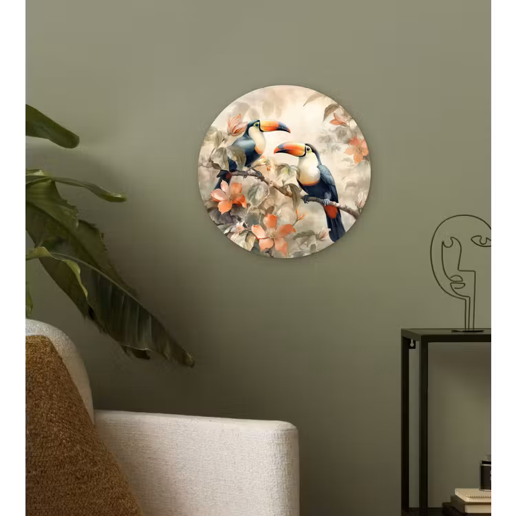 Toekan - Vogels - Bloemen - Tak Wandcirkel kunststof plaat 5mm dik klein -sfeer3
