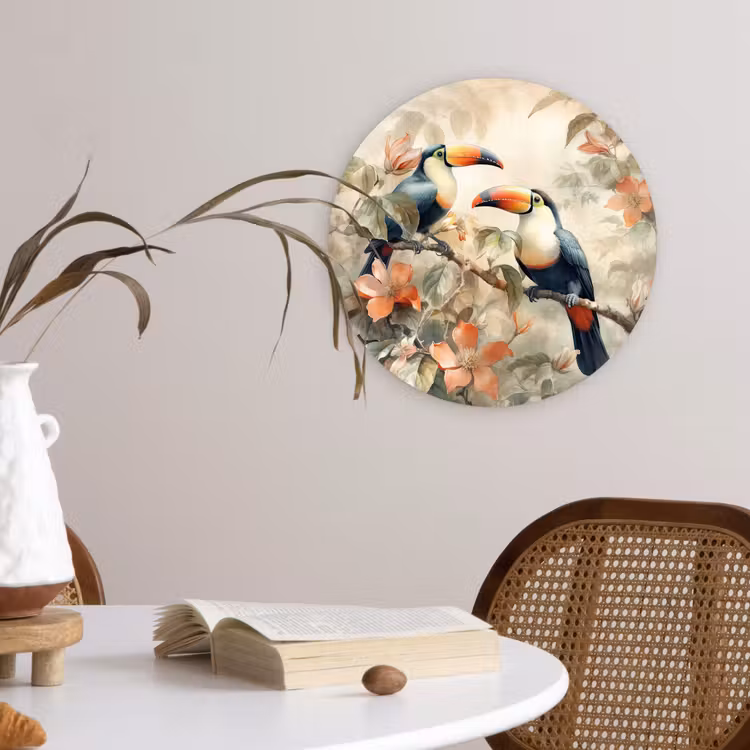 Toekan - Vogels - Bloemen - Tak Wandcirkel kunststof plaat 5mm dik klein -sfeer4