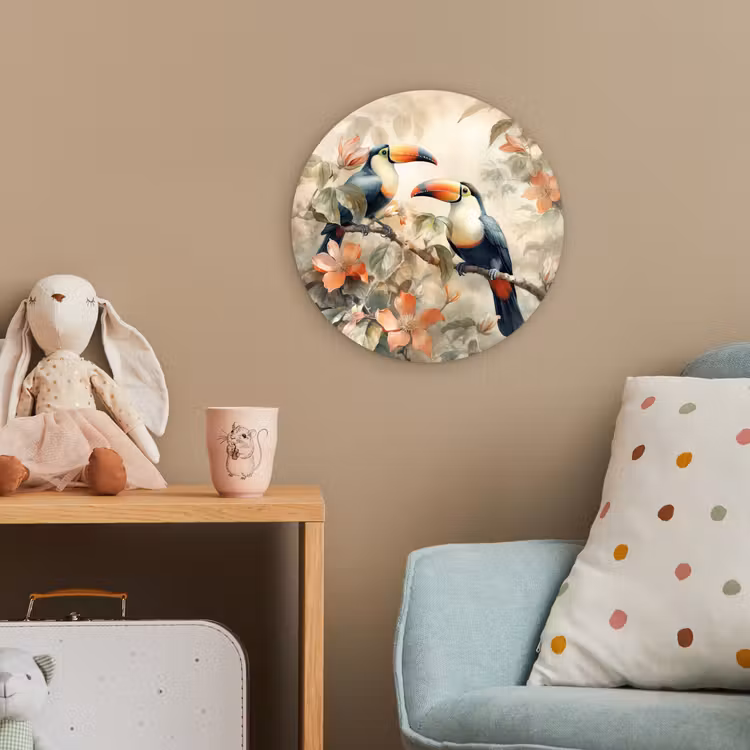 Toekan - Vogels - Bloemen - Tak Wandcirkel kunststof plaat 5mm dik klein -tsfeer1_kind