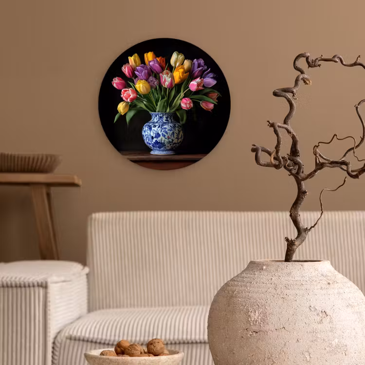 Tulpen - Kleuren - Hout - Vaas Wandcirkel kunststof plaat 5mm dik klein -sfeer1