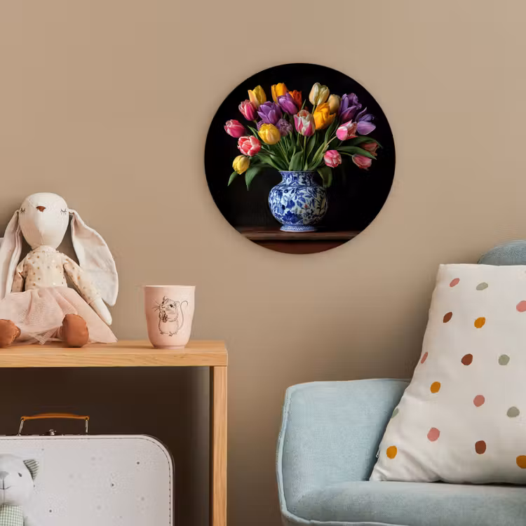Tulpen - Kleuren - Hout - Vaas Wandcirkel kunststof plaat 5mm dik klein -tsfeer1_kind