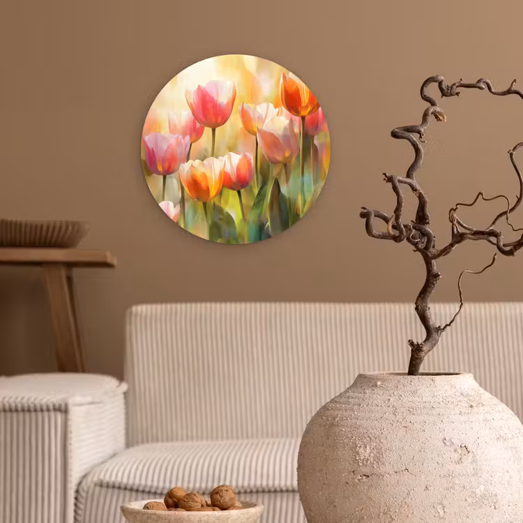 Tulpen - Sprookjesachtig - Kleurrijk Wandcirkel kunststof plaat 5mm dik klein -sfeer1