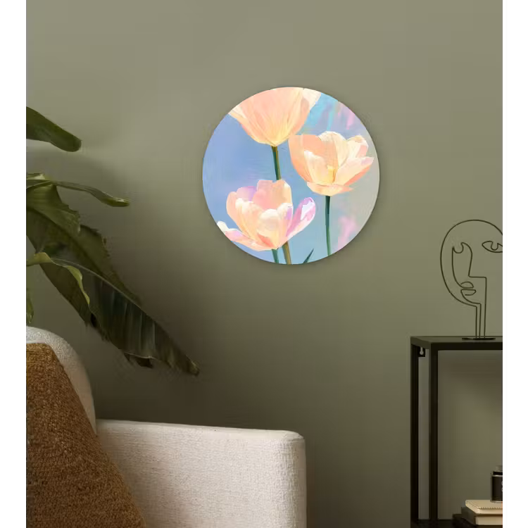 Tulpen - Roze accenten - Blauw Wandcirkel kunststof plaat 5mm dik klein -sfeer3