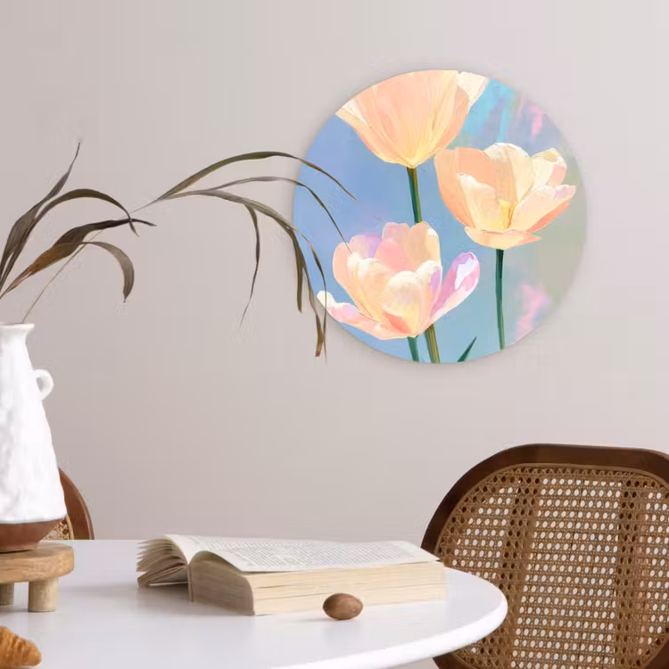 Tulpen - Roze accenten - Blauw Wandcirkel kunststof plaat 5mm dik klein -sfeer4
