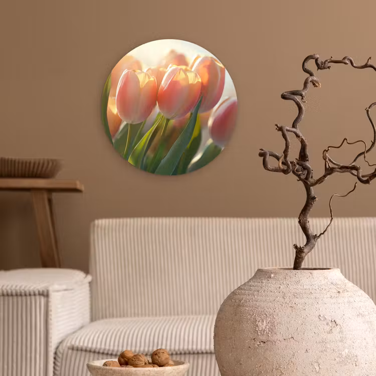 Tulpen - Roze - Zonnestralen Wandcirkel kunststof plaat 5mm dik klein -sfeer1