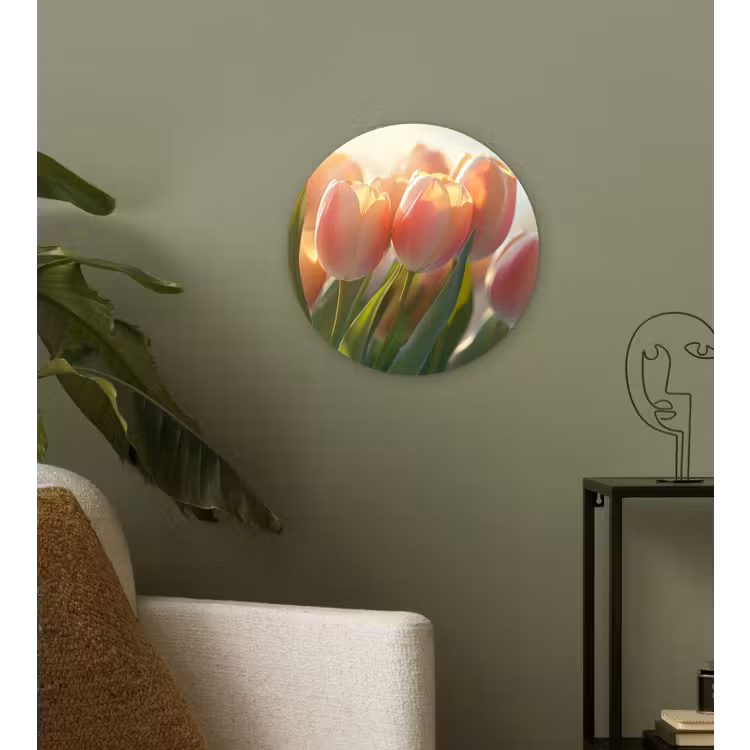 Tulpen - Roze - Zonnestralen Wandcirkel kunststof plaat 5mm dik klein -sfeer3