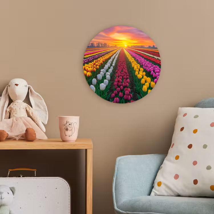 Tulpenveld - Zonsondergang - Kleurrijk Wandcirkel kunststof plaat 5mm dik klein -tsfeer1_kind