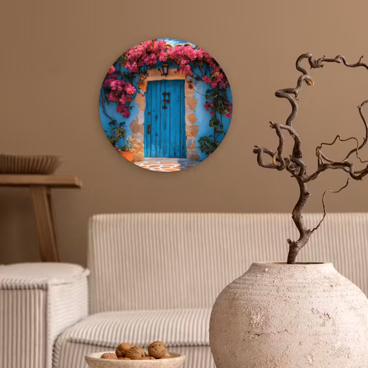 Deur - Hout - Bloemen - Blauw Wandcirkel kunststof plaat 5mm dik klein -sfeer1