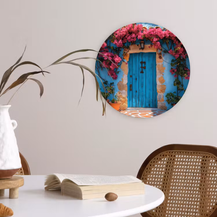 Deur - Hout - Bloemen - Blauw Wandcirkel kunststof plaat 5mm dik klein -sfeer4