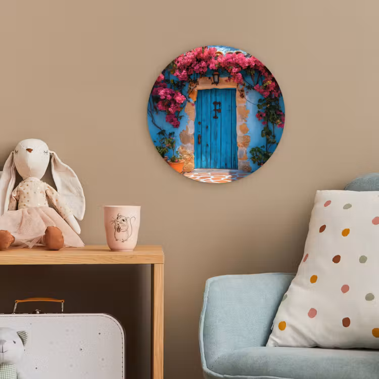 Deur - Hout - Bloemen - Blauw Wandcirkel kunststof plaat 5mm dik klein -tsfeer1_kind