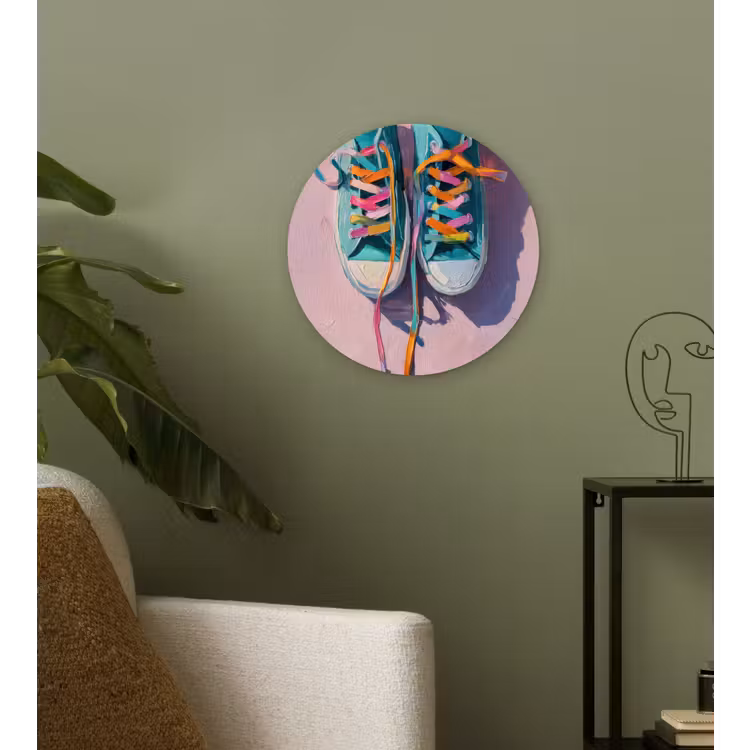Sneakers - Veters - Kleurrijk - Schaduw Wandcirkel kunststof plaat 5mm dik klein -sfeer3