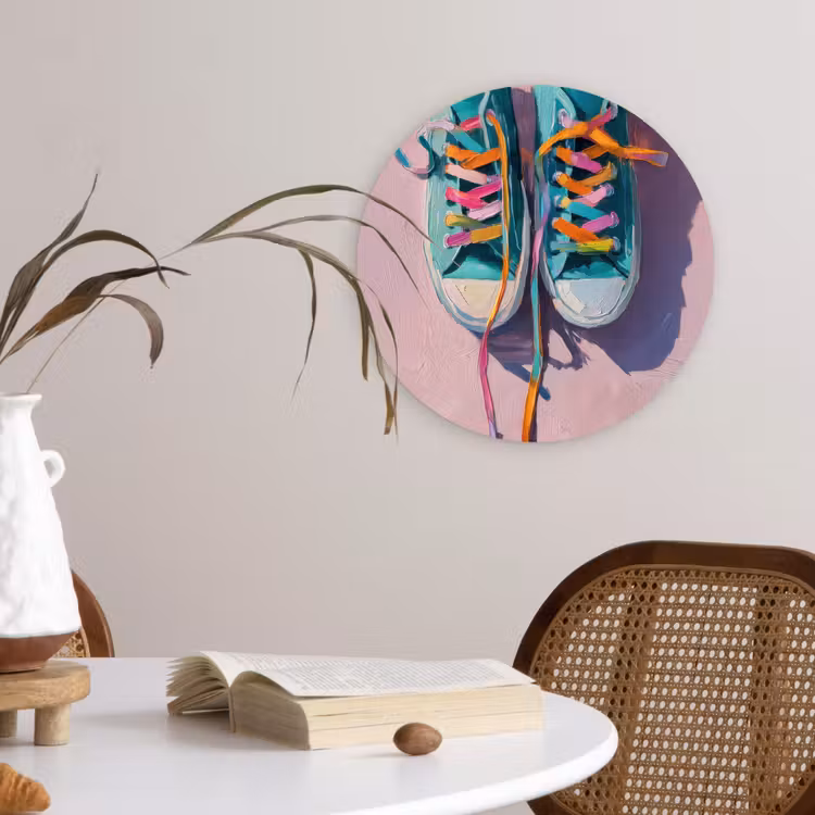 Sneakers - Veters - Kleurrijk - Schaduw Wandcirkel kunststof plaat 5mm dik klein -sfeer4