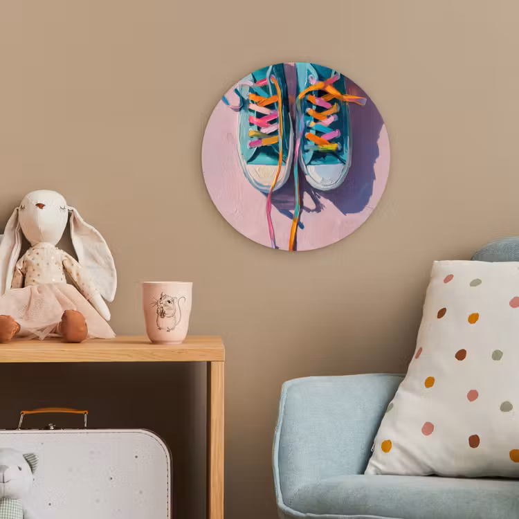 Sneakers - Veters - Kleurrijk - Schaduw Wandcirkel kunststof plaat 5mm dik klein -tsfeer1_kind