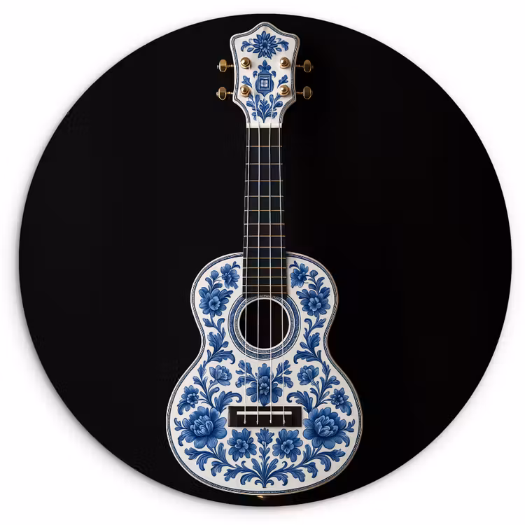 Ukelele - Delfts - Blauw - Muziek Wandcirkel kunststof plaat 5mm dik klein -3d