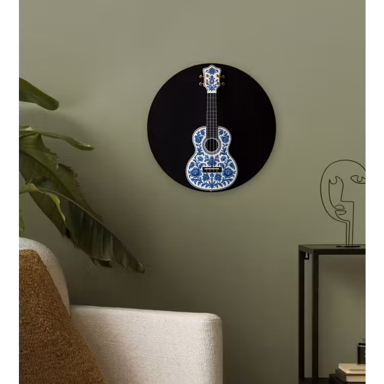 Ukelele - Delfts - Blauw - Muziek Wandcirkel kunststof plaat 5mm dik klein -sfeer3