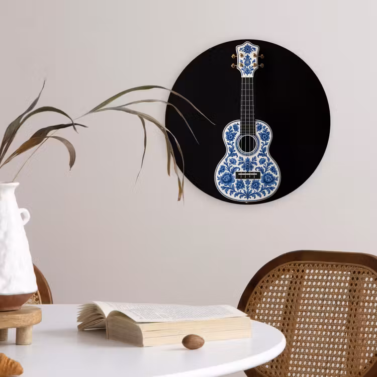 Ukelele - Delfts - Blauw - Muziek Wandcirkel kunststof plaat 5mm dik klein -sfeer4