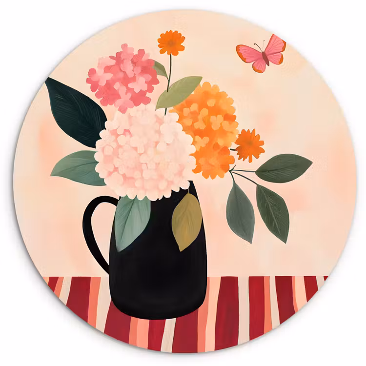 Vaas - Bloemen - Vlinder - Rood Wandcirkel kunststof plaat 5mm dik klein -3d