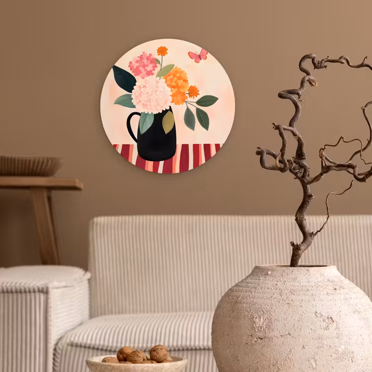 Vaas - Bloemen - Vlinder - Rood Wandcirkel kunststof plaat 5mm dik klein -sfeer1