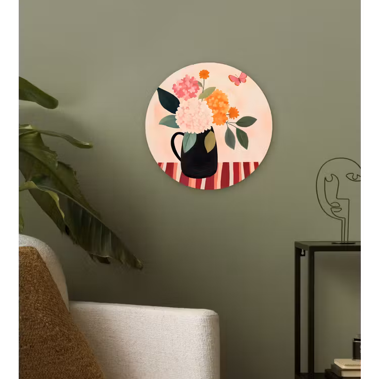 Vaas - Bloemen - Vlinder - Rood Wandcirkel kunststof plaat 5mm dik klein -sfeer3