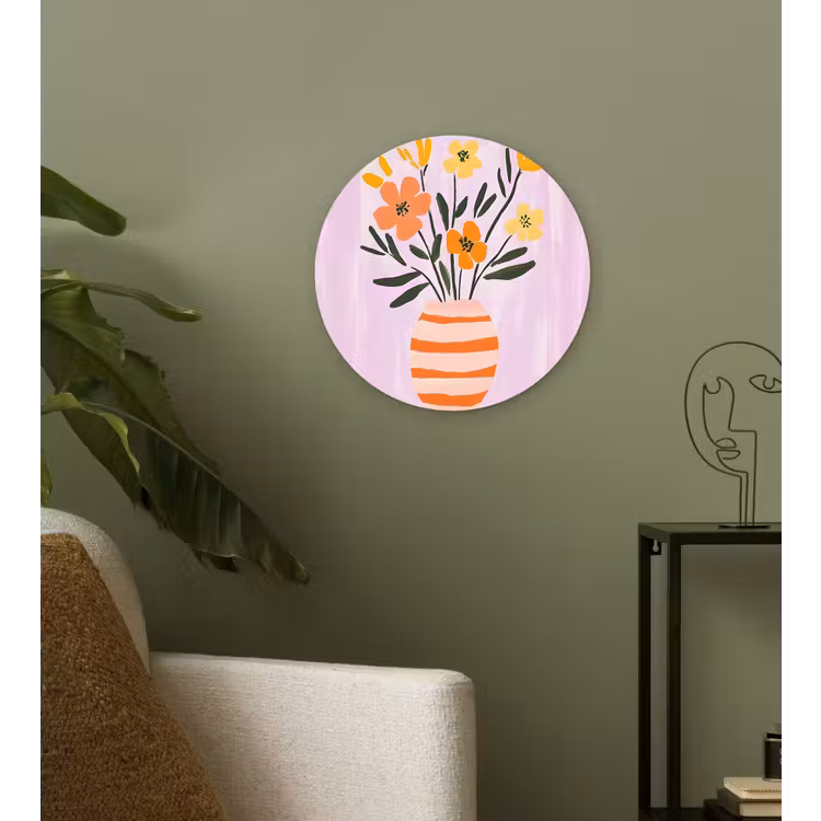 Vaas - Gestreept - Bloemen - Oranje Wandcirkel kunststof plaat 5mm dik klein -sfeer3