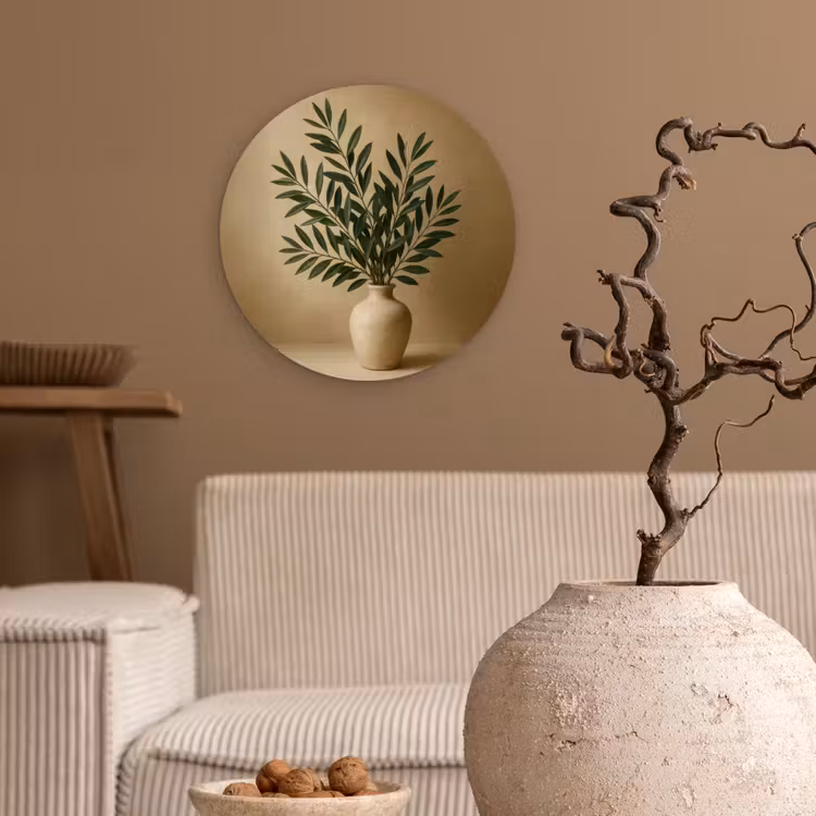 Vaas - Olijftakken - Bladeren - Beige Wandcirkel kunststof plaat 5mm dik klein -sfeer1