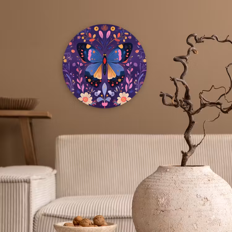 Sierlijk - Bloemen - Vlinder - Paars Wandcirkel kunststof plaat 5mm dik klein -sfeer1