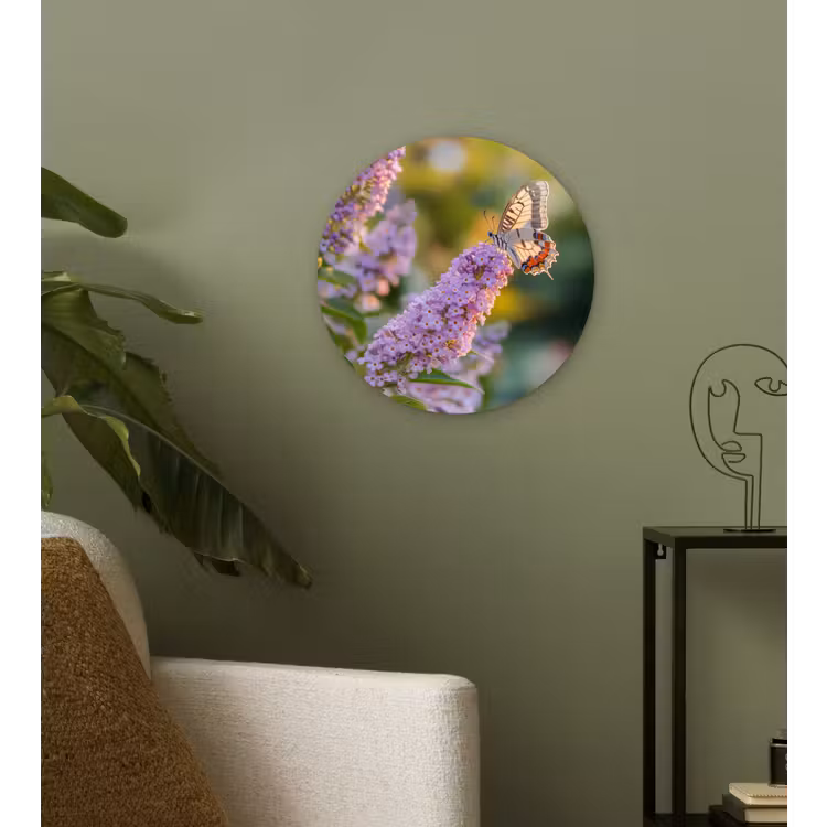 Sierlijke - Vlinder - Paarse - Bloemen Wandcirkel kunststof plaat 5mm dik klein -sfeer3