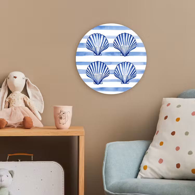Vier schelpen - Blauw - Wit - Strepen Wandcirkel kunststof plaat 5mm dik klein -tsfeer1_kind