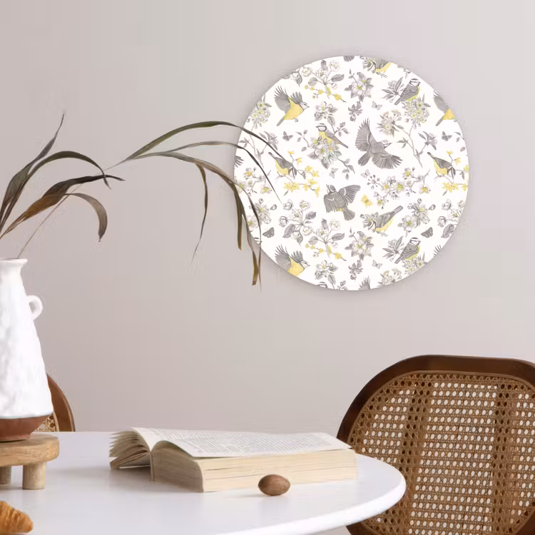 Birds - Flowers - Gray - Yellow Wandcirkel kunststof plaat 5mm dik klein 188 -sfeer4