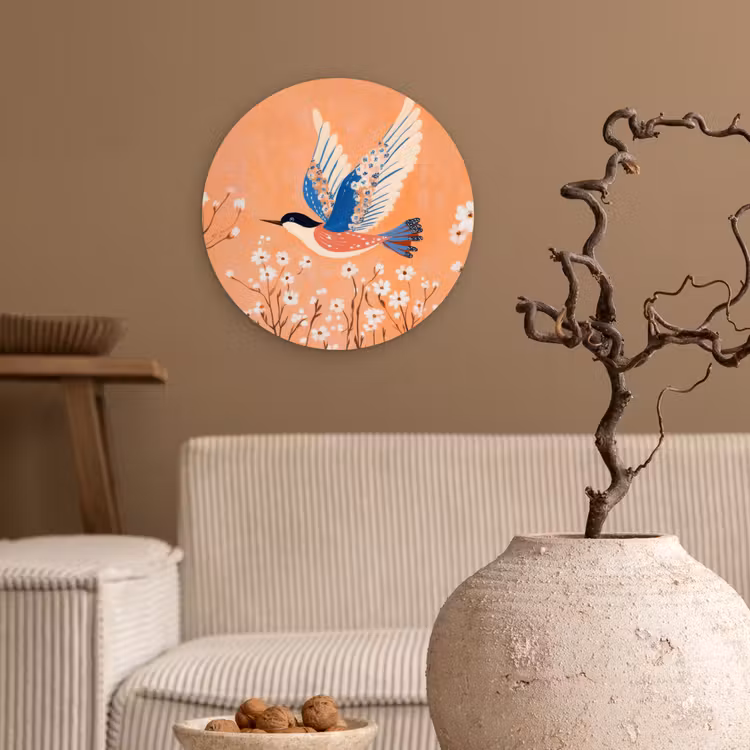 Vogel - Bloesemtakken - Warm - Kleurrijk Wandcirkel kunststof plaat 5mm dik klein -sfeer1