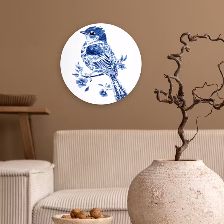 Vogel - Delfts blauw - Illustratie - Bloemen Wandcirkel kunststof plaat 5mm dik klein -sfeer1