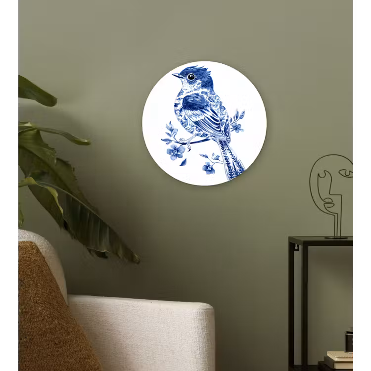 Vogel - Delfts blauw - Illustratie - Bloemen Wandcirkel kunststof plaat 5mm dik klein -sfeer3