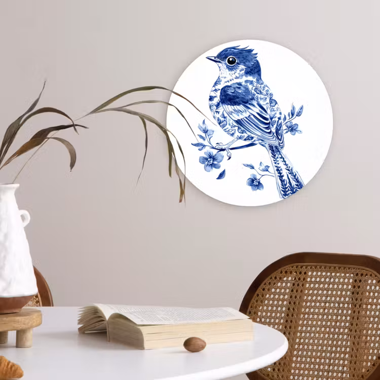 Vogel - Delfts blauw - Illustratie - Bloemen Wandcirkel kunststof plaat 5mm dik klein -sfeer4