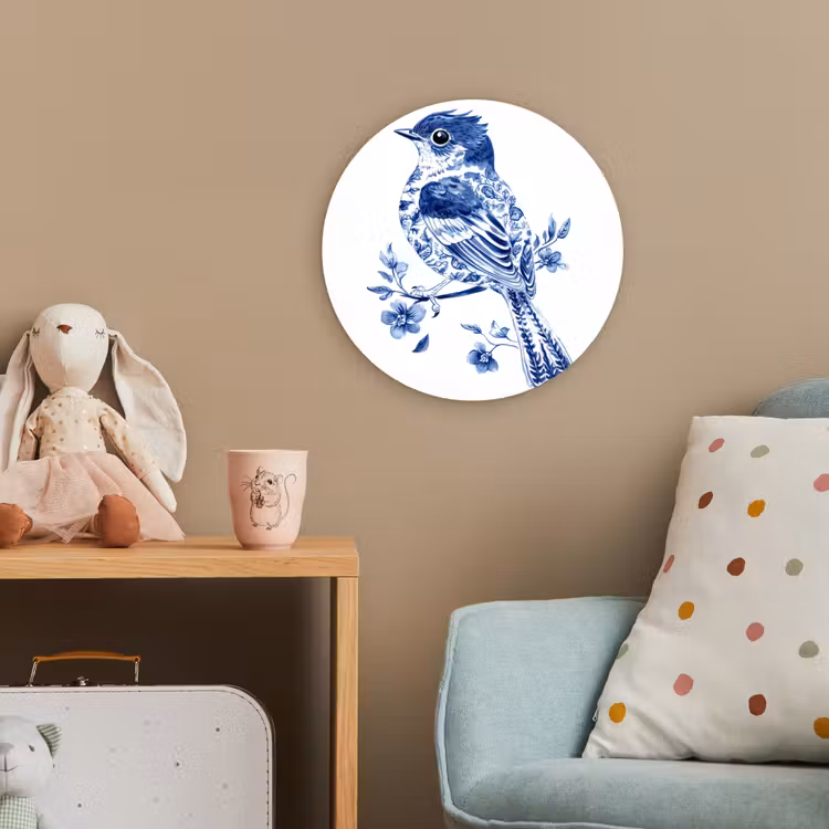 Vogel - Delfts blauw - Illustratie - Bloemen Wandcirkel kunststof plaat 5mm dik klein -tsfeer1_kind