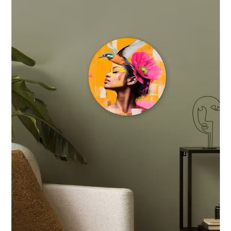 Vogel - Vrouw - Abstract - Bloem Wandcirkel kunststof plaat 5mm dik klein -sfeer3