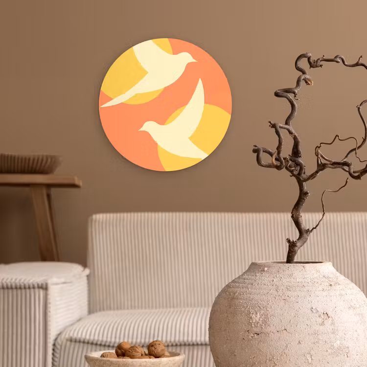 Vogels - Cirkels - Geel Wandcirkel kunststof plaat 5mm dik klein -sfeer1