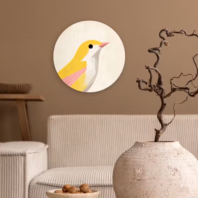 Vogel - Minimalistisch - Geel Wandcirkel kunststof plaat 5mm dik klein -sfeer1