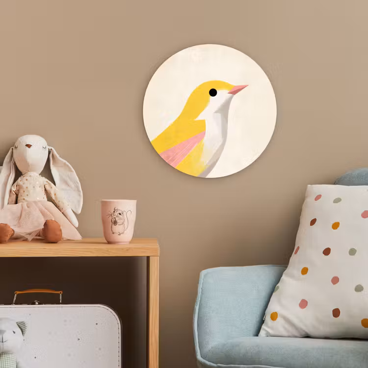 Vogel - Minimalistisch - Geel Wandcirkel kunststof plaat 5mm dik klein -tsfeer1_kind