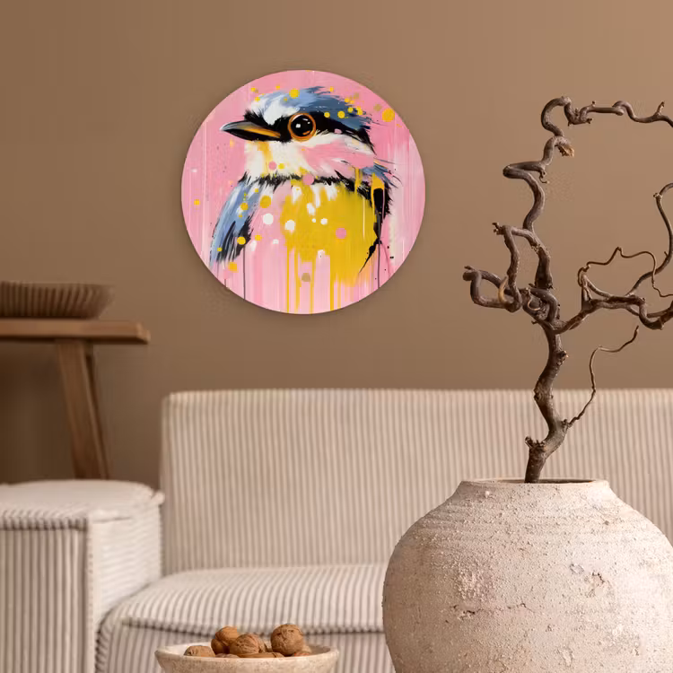 Vogel - Roze - Geel - Blauw Wandcirkel kunststof plaat 5mm dik klein -sfeer1
