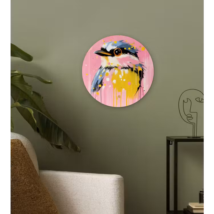 Vogel - Roze - Geel - Blauw Wandcirkel kunststof plaat 5mm dik klein -sfeer3