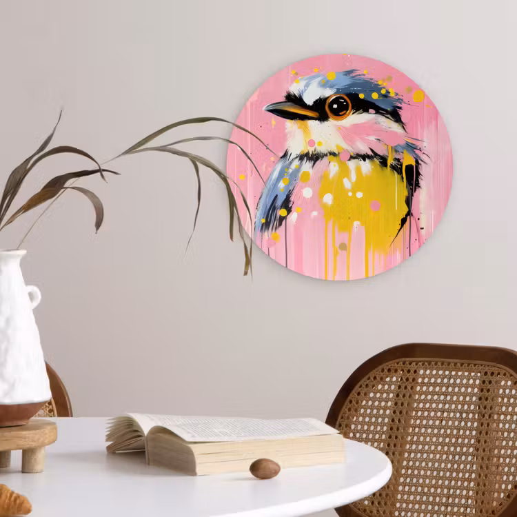 Vogel - Roze - Geel - Blauw Wandcirkel kunststof plaat 5mm dik klein -sfeer4