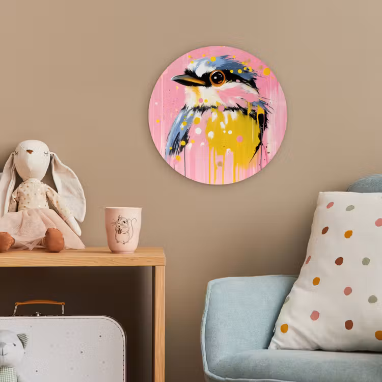 Vogel - Roze - Geel - Blauw Wandcirkel kunststof plaat 5mm dik klein -tsfeer1_kind