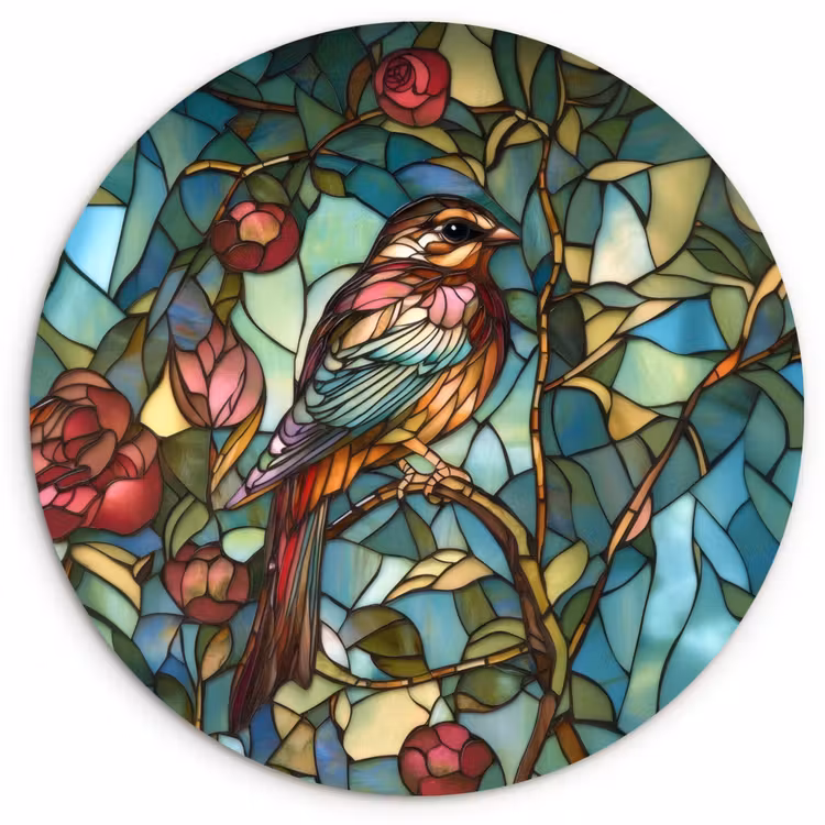 Vogel - Tak - Rozen - Mozaïek Wandcirkel kunststof plaat 5mm dik klein -3d