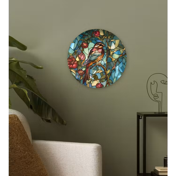 Vogel - Tak - Rozen - Mozaïek Wandcirkel kunststof plaat 5mm dik klein -sfeer3
